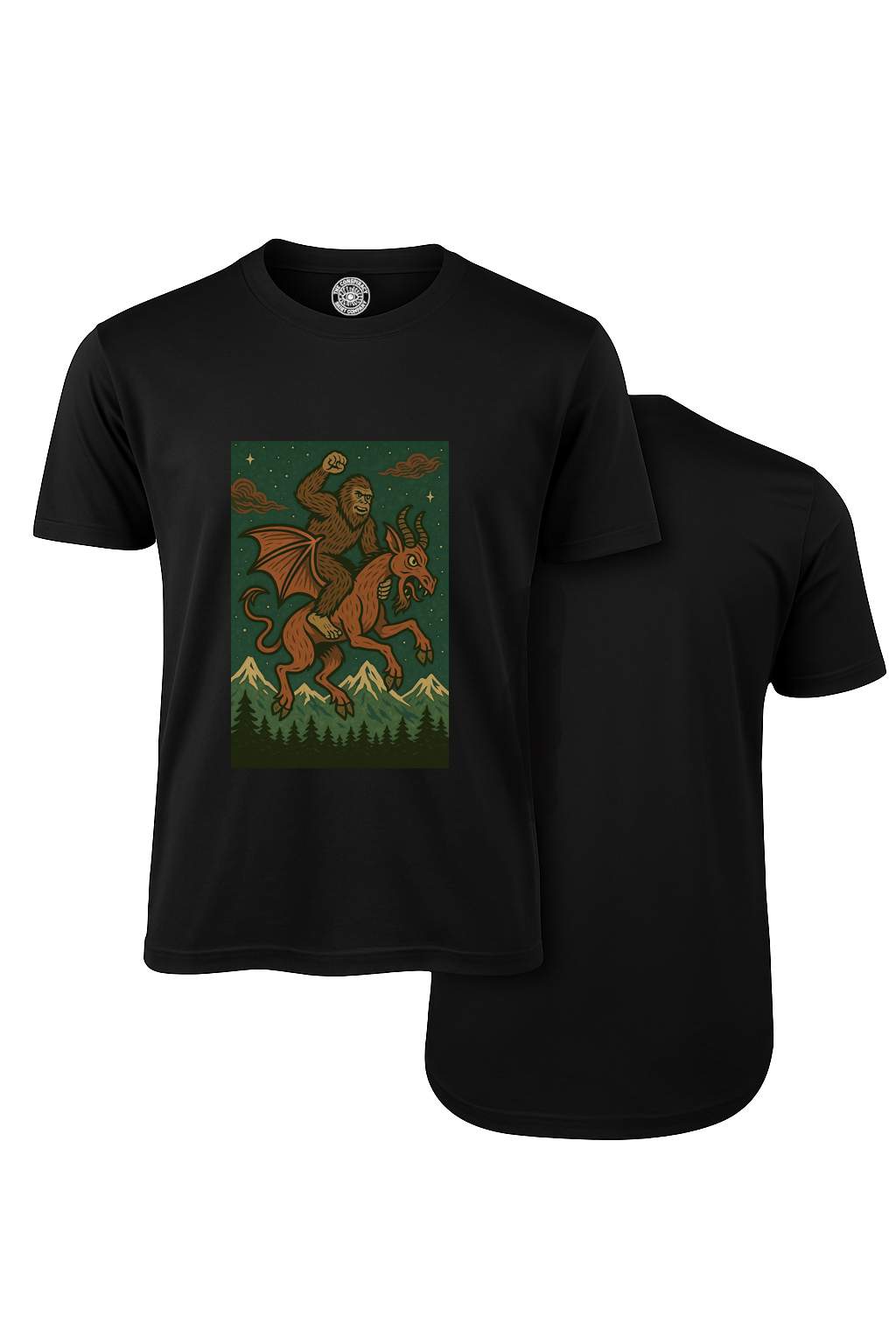 Bigfoot Riding the Jersey Devil – Airborne Cryptid Chaos T-Shirt (Black)